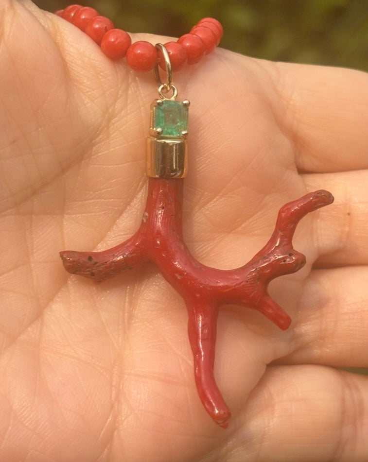 Coral Pendant with Emerald & 14k Gold