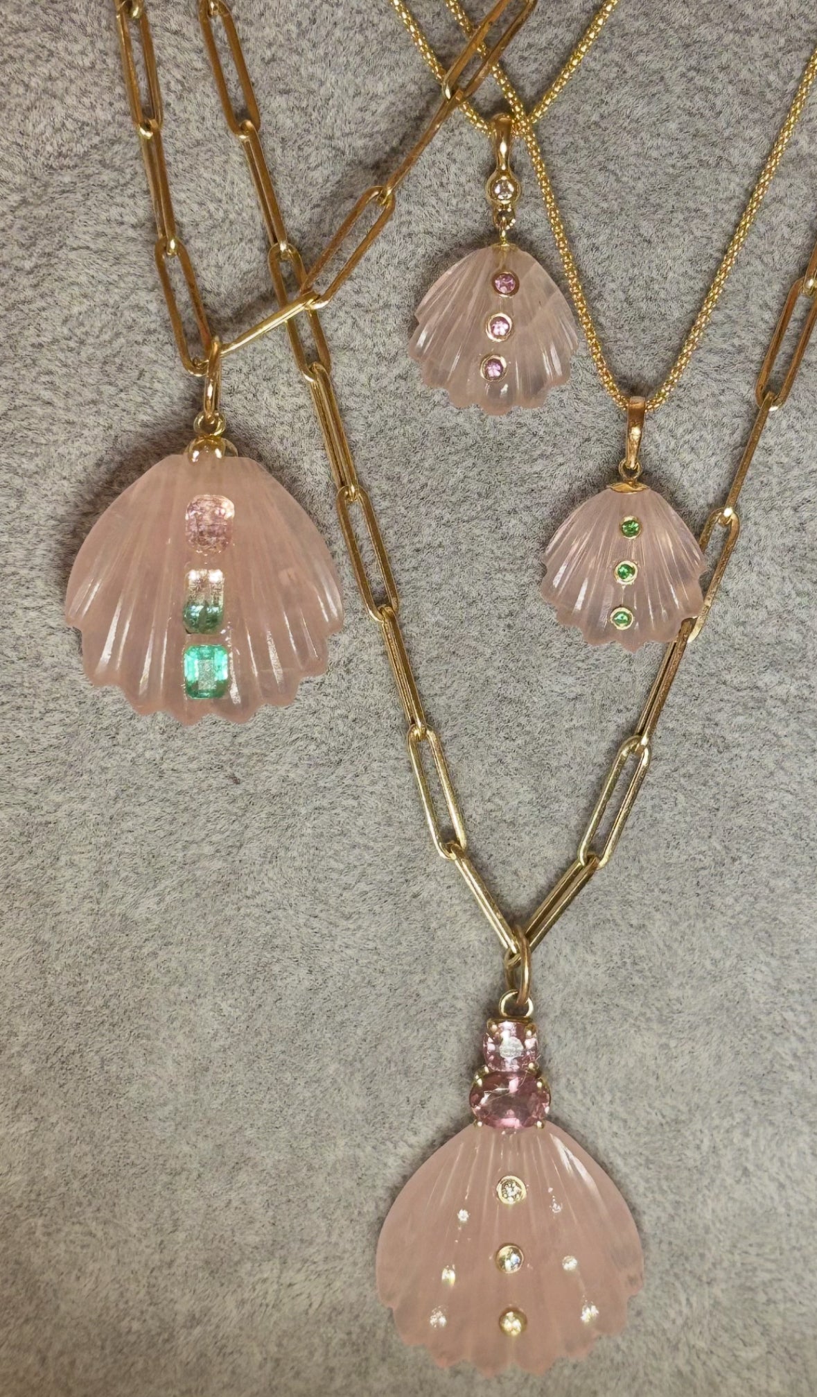 Carved Shell Pendant: Rose Quartz with Tourmaline & Emerald
