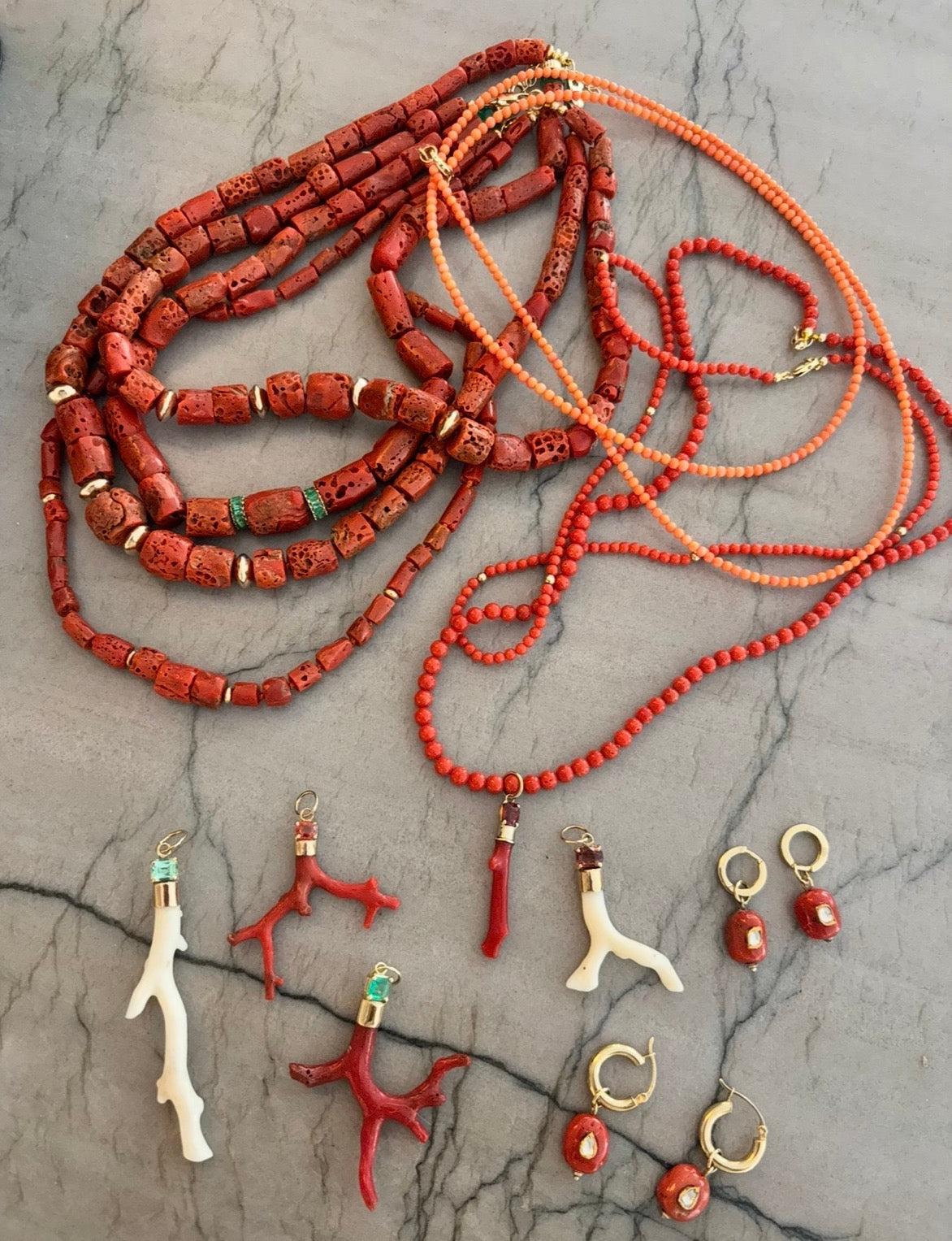 Coral and Emerald Necklace with 14k Gold