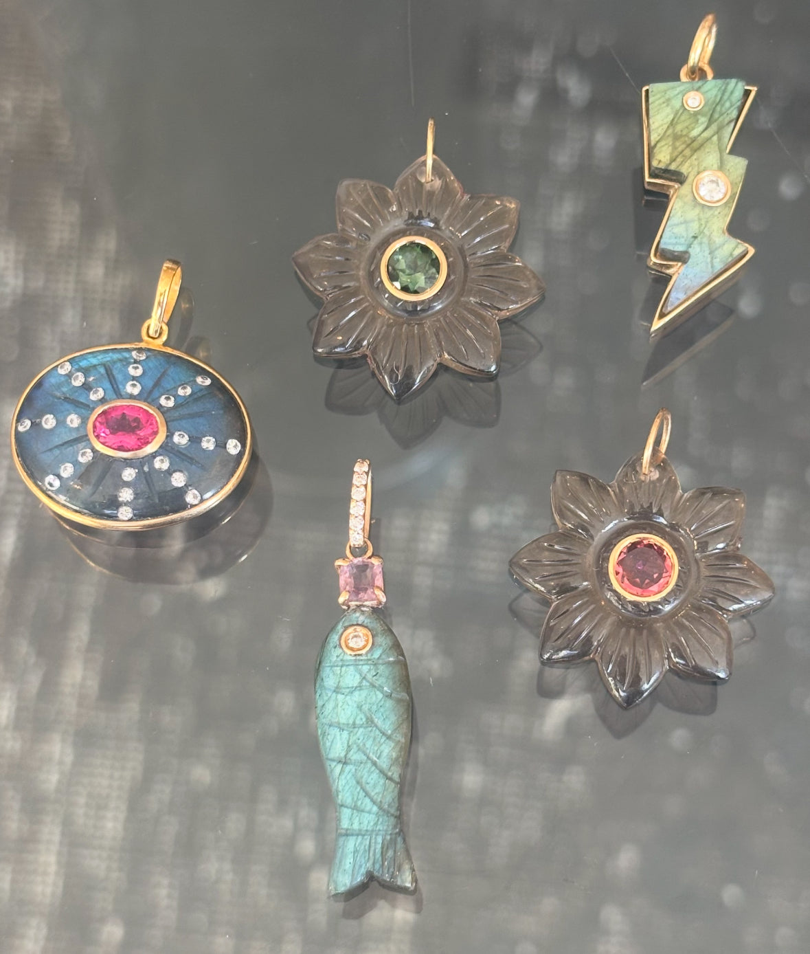 SOL Pendant, Labradorite with Pink Tourmaline & Diamonds