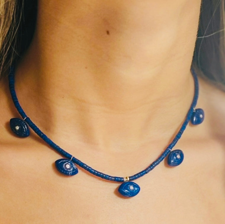 Lapis Evil EyeS Necklace with Diamonds & Emeralds