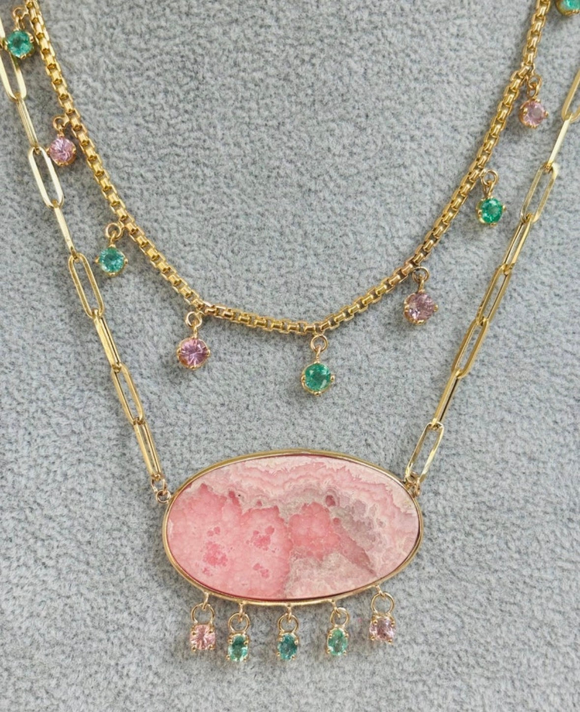 Emerald & Pink Spinel Fringe Necklace, 14k Gold