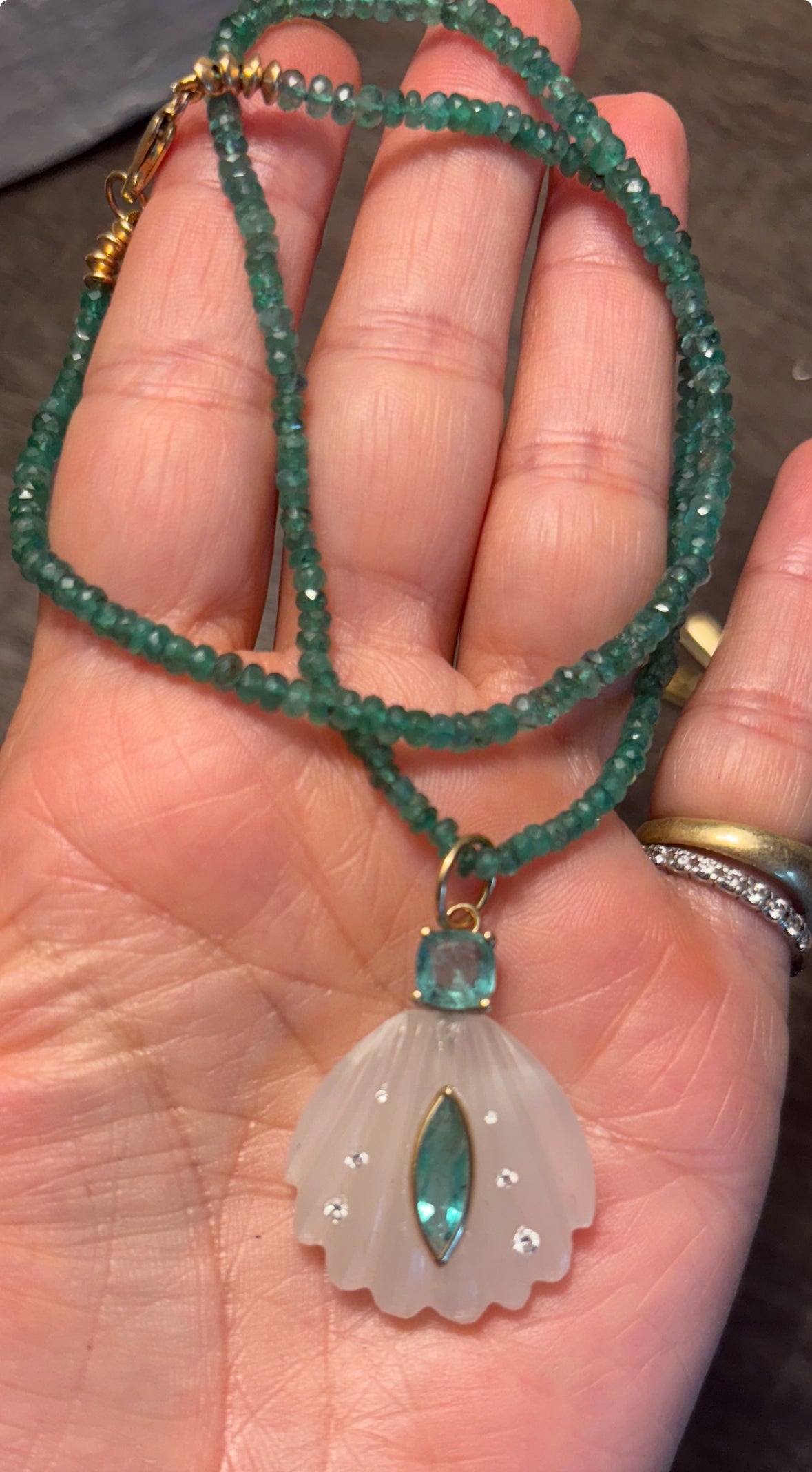 Sea Shell Pendant, Moonstone, Emeralds & Diamonds