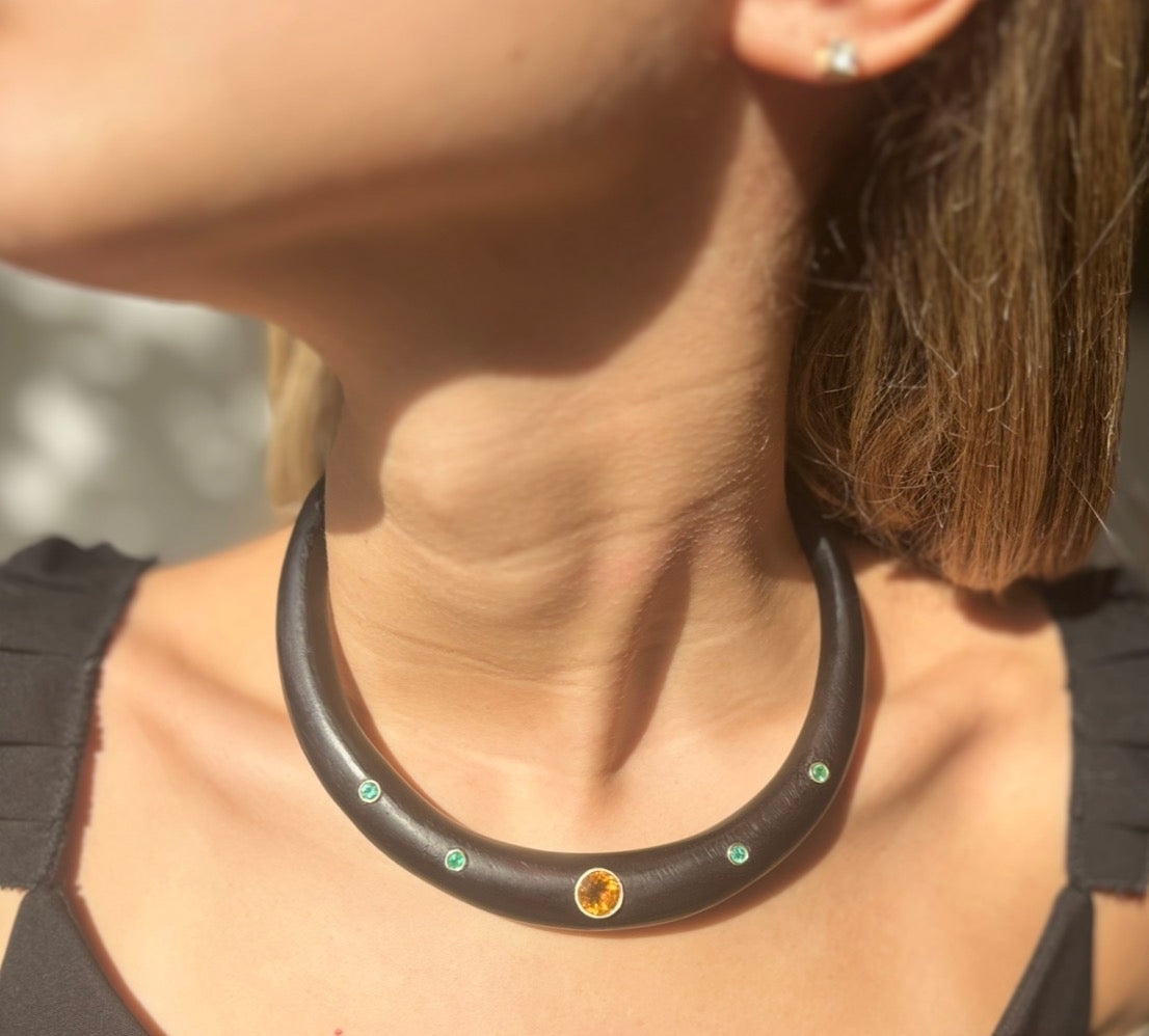 Wood Collar with Citrine & Emeralds