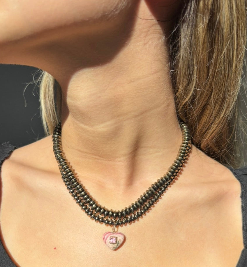 Rhodochrosite Heart Charm with Pink Spinel on a Pyrite Necklce