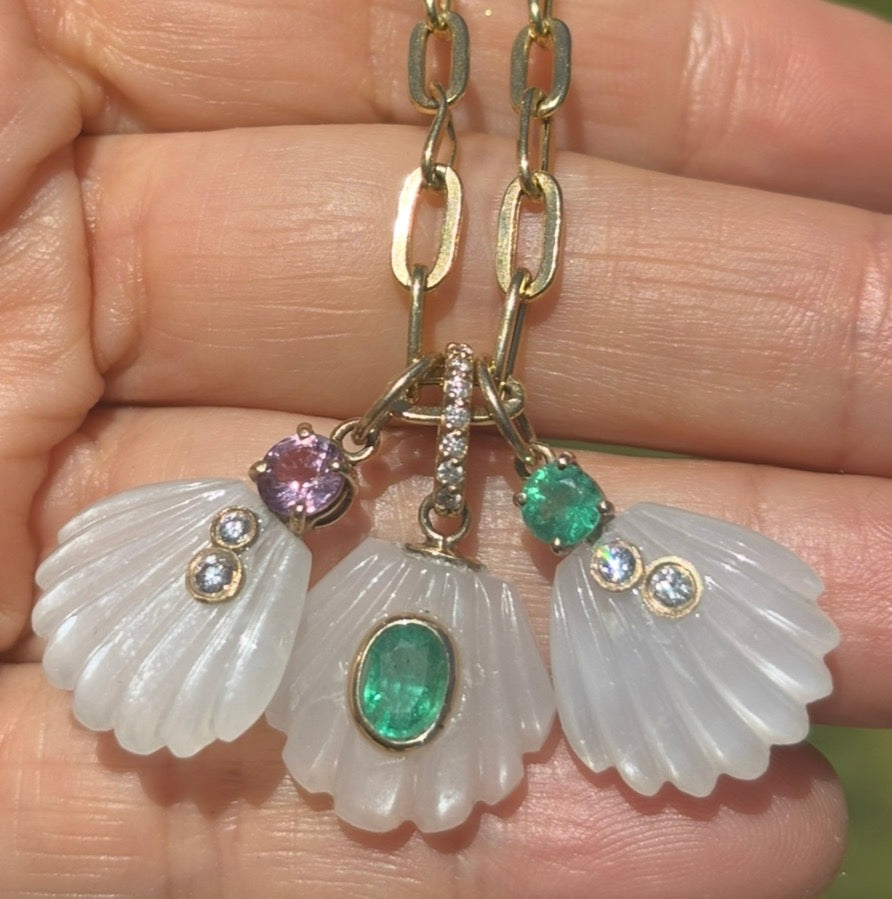 Moonstone Shell Pendant with Center Emerald & Diamond Bail