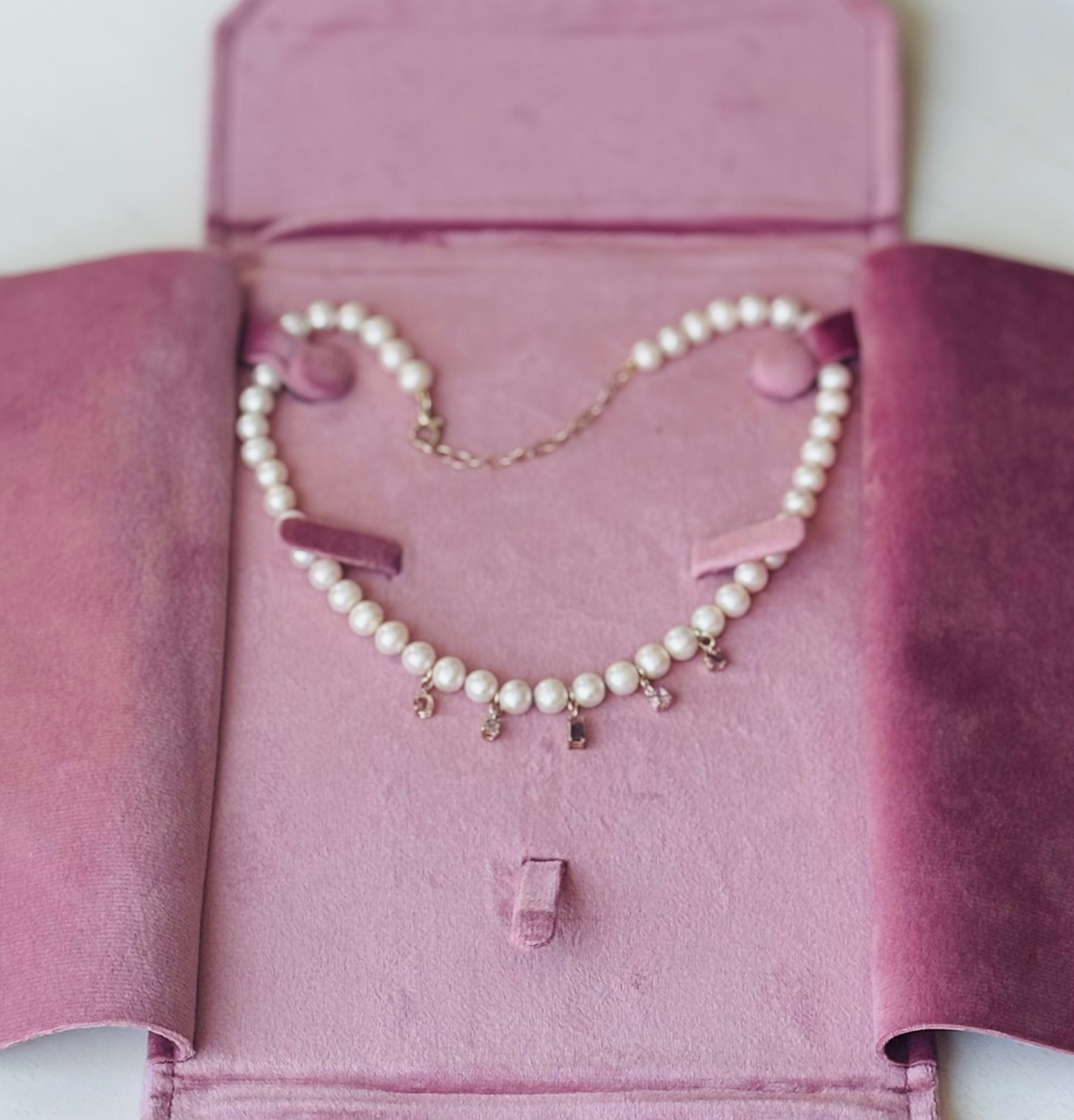 Pearl Necklace with Spinel Gems, wear 14-16”