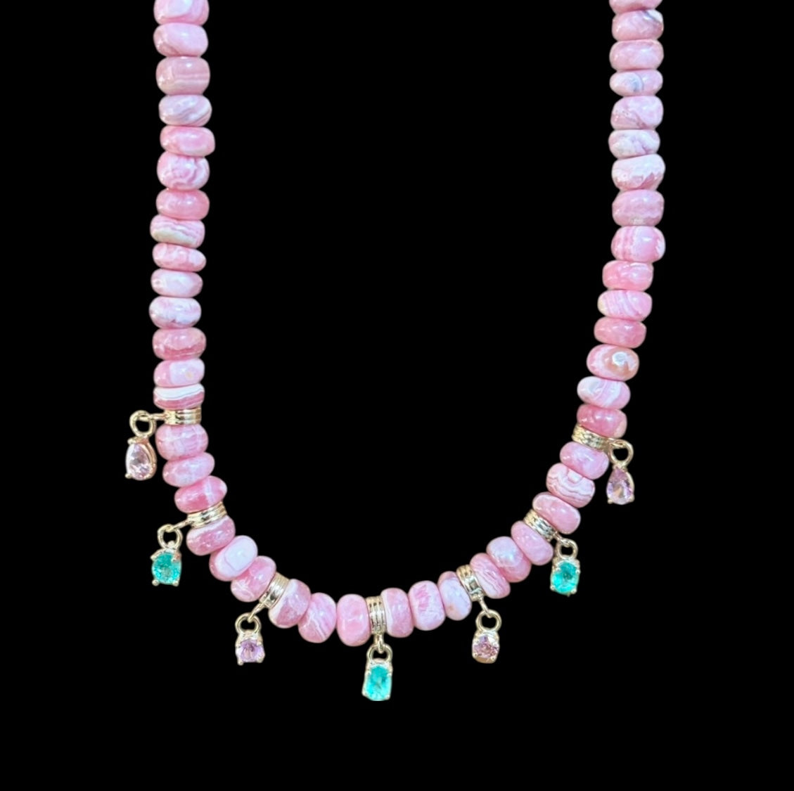 Rhodochrosite Fringe Necklace with Emeralds & Pink Spinel