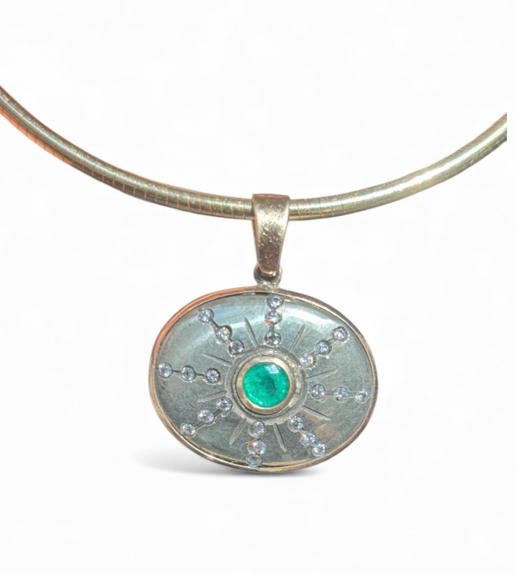 SOL Pendant, Pyrite with Emerald & Diamonds