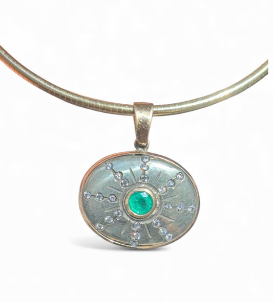 SOL Pendant, Pyrite with Emerald & Diamonds