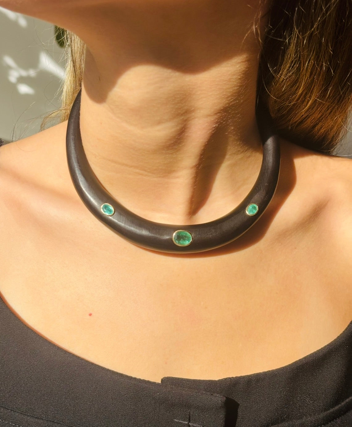 Wood Collar Necklace with Emeralds