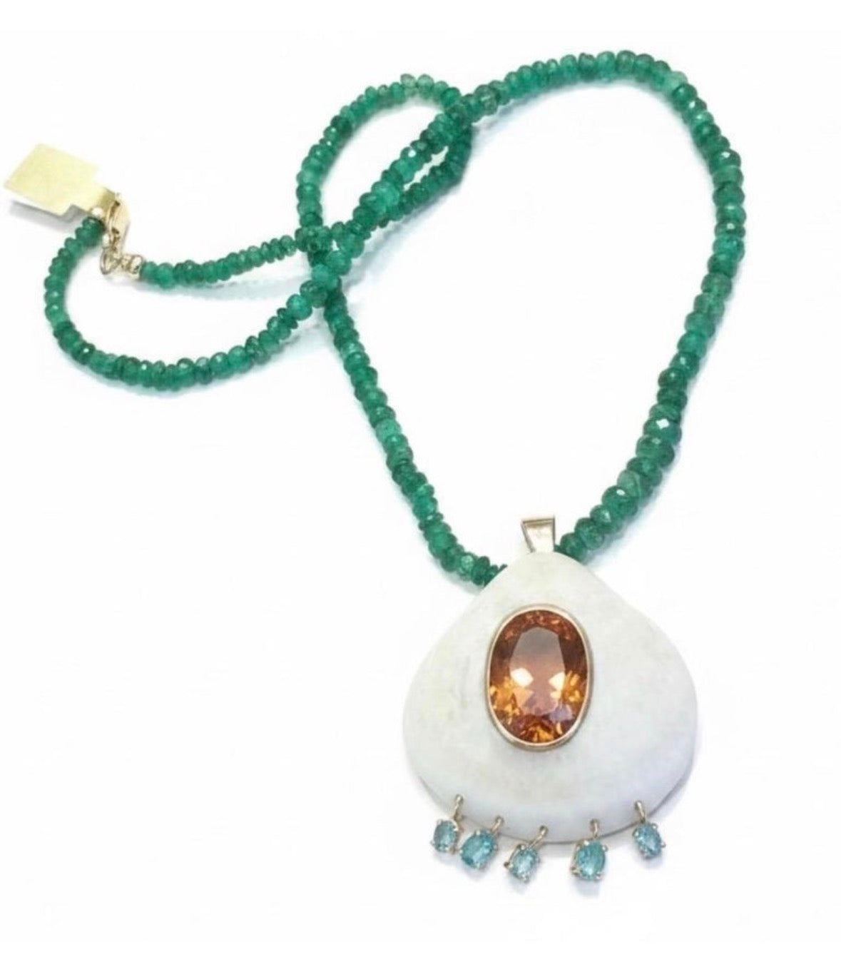 Emerald Necklace and Shell Pendant with Madeira Citrine, Emeralds & 14k Gold