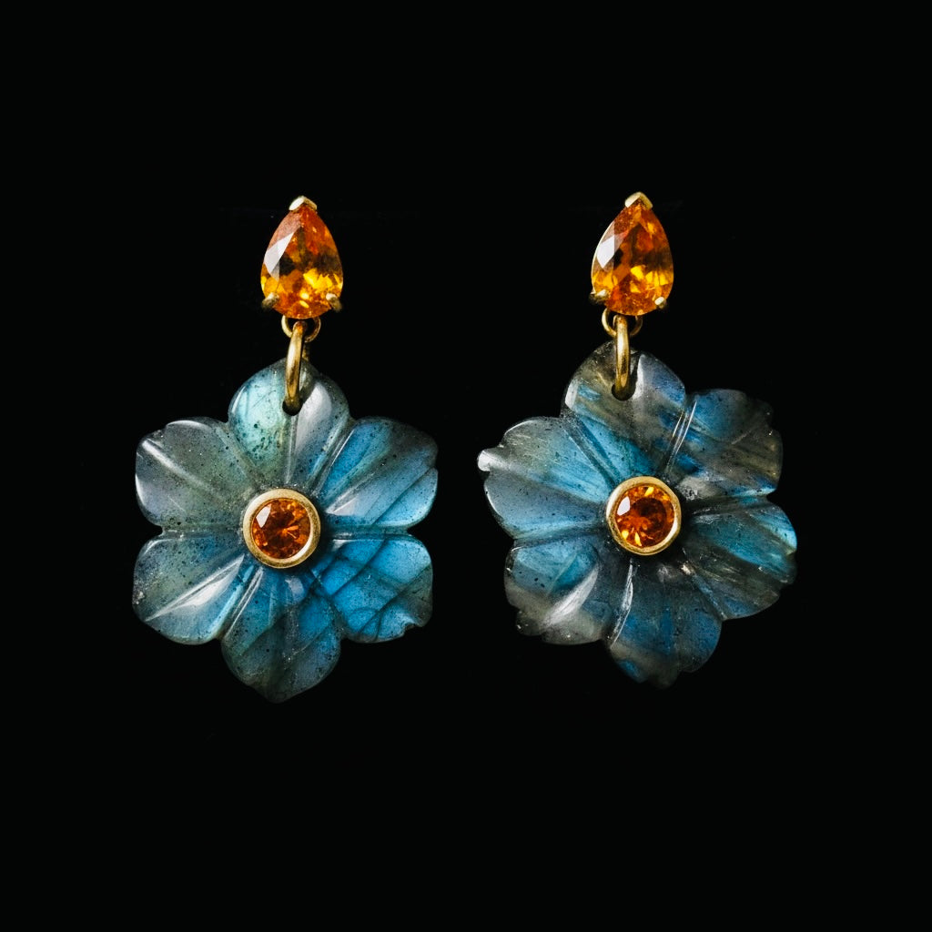 FLORA Earrings, Labradorite with Mandarin Garnets and Diamonds