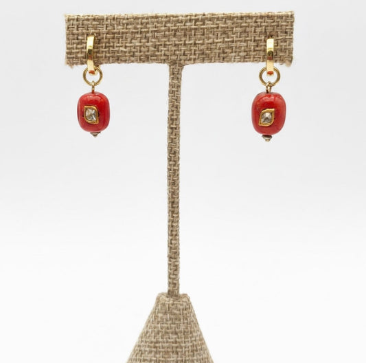 Coral and Polki Diamond Earrings, 12mm Gold Huggie