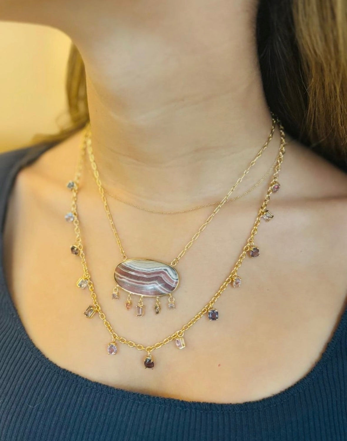Rhodochrosite and Spinel Necklace with 14k Gold
