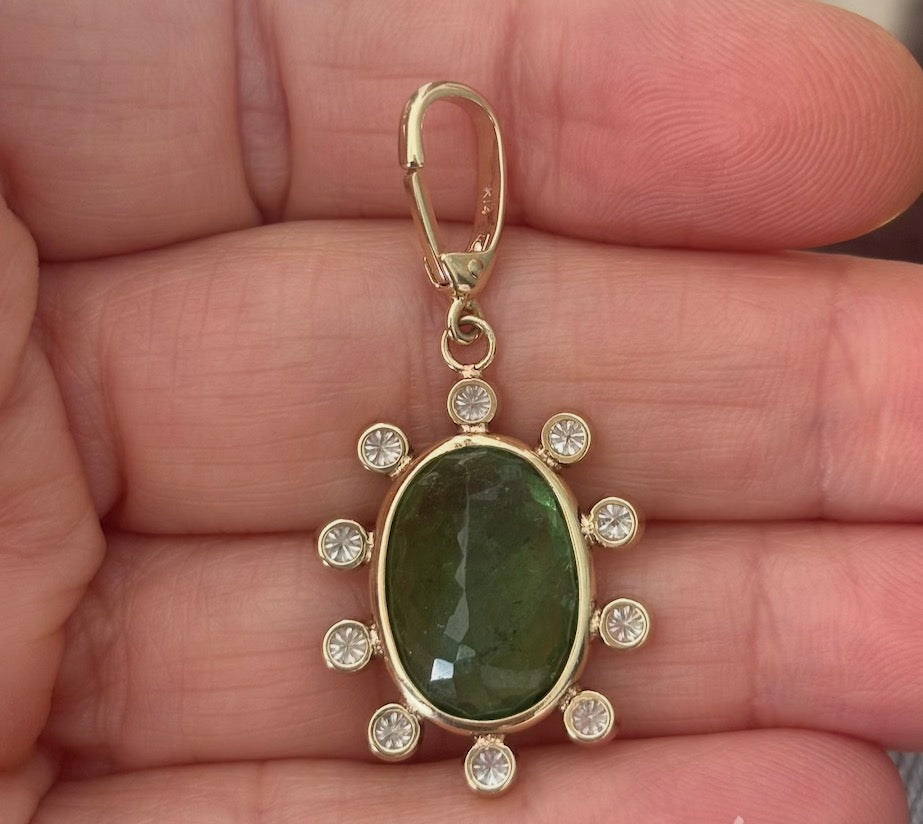 Green Tourmaline Flower with Diamonds & 14k Gold