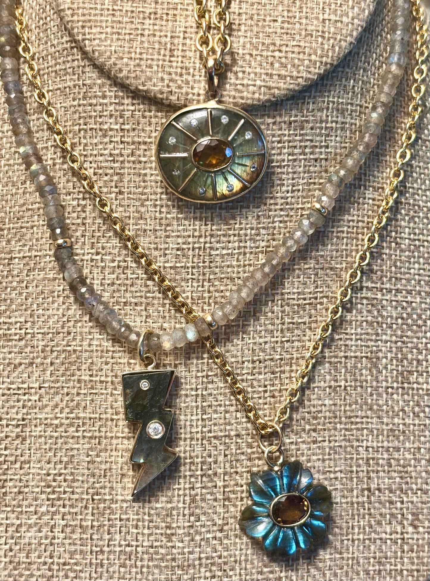 SOL Pendant, labradorite, brown tourmline & diamonds