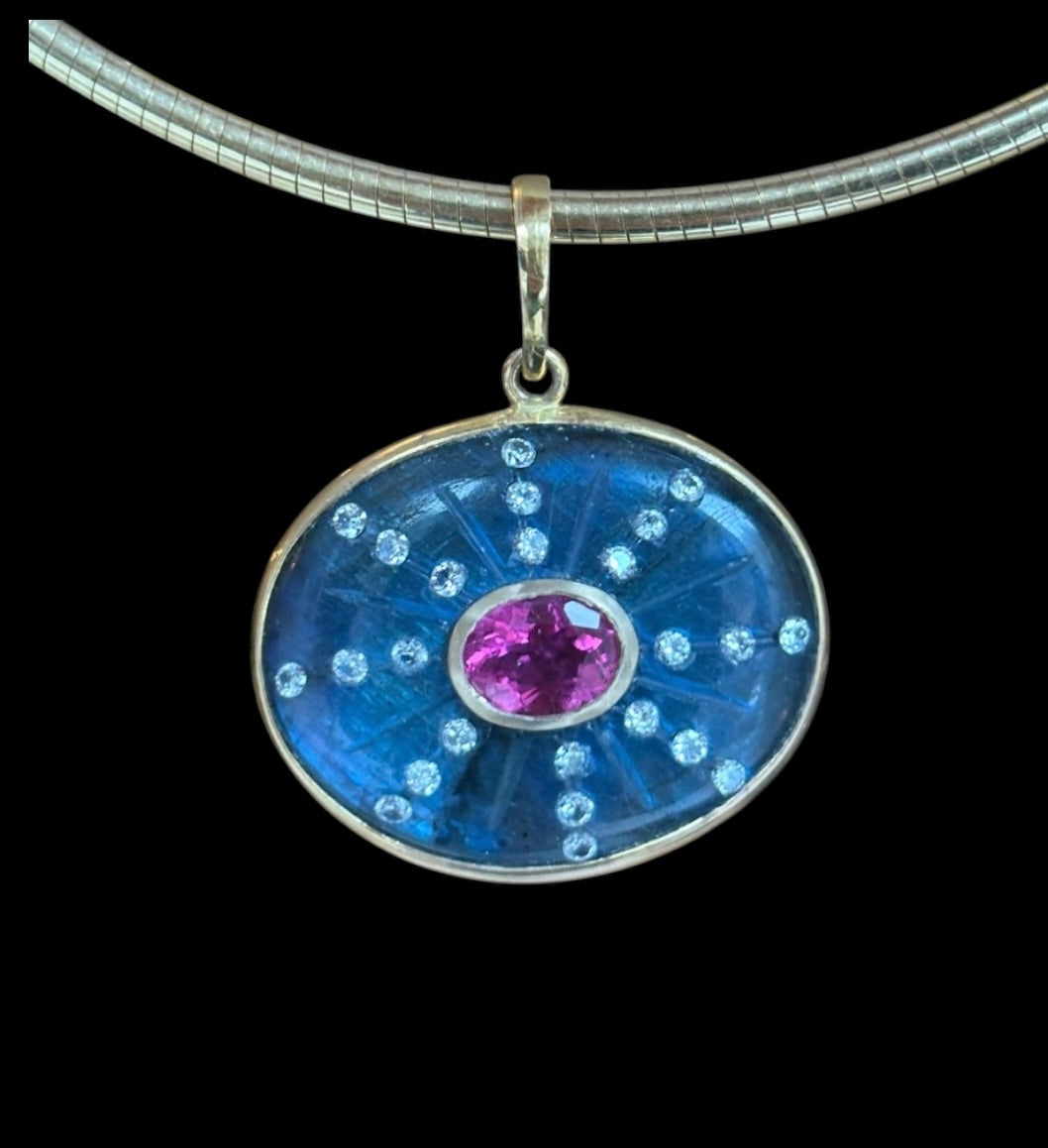 SOL Pendant, Labradorite with Pink Tourmaline & Diamonds