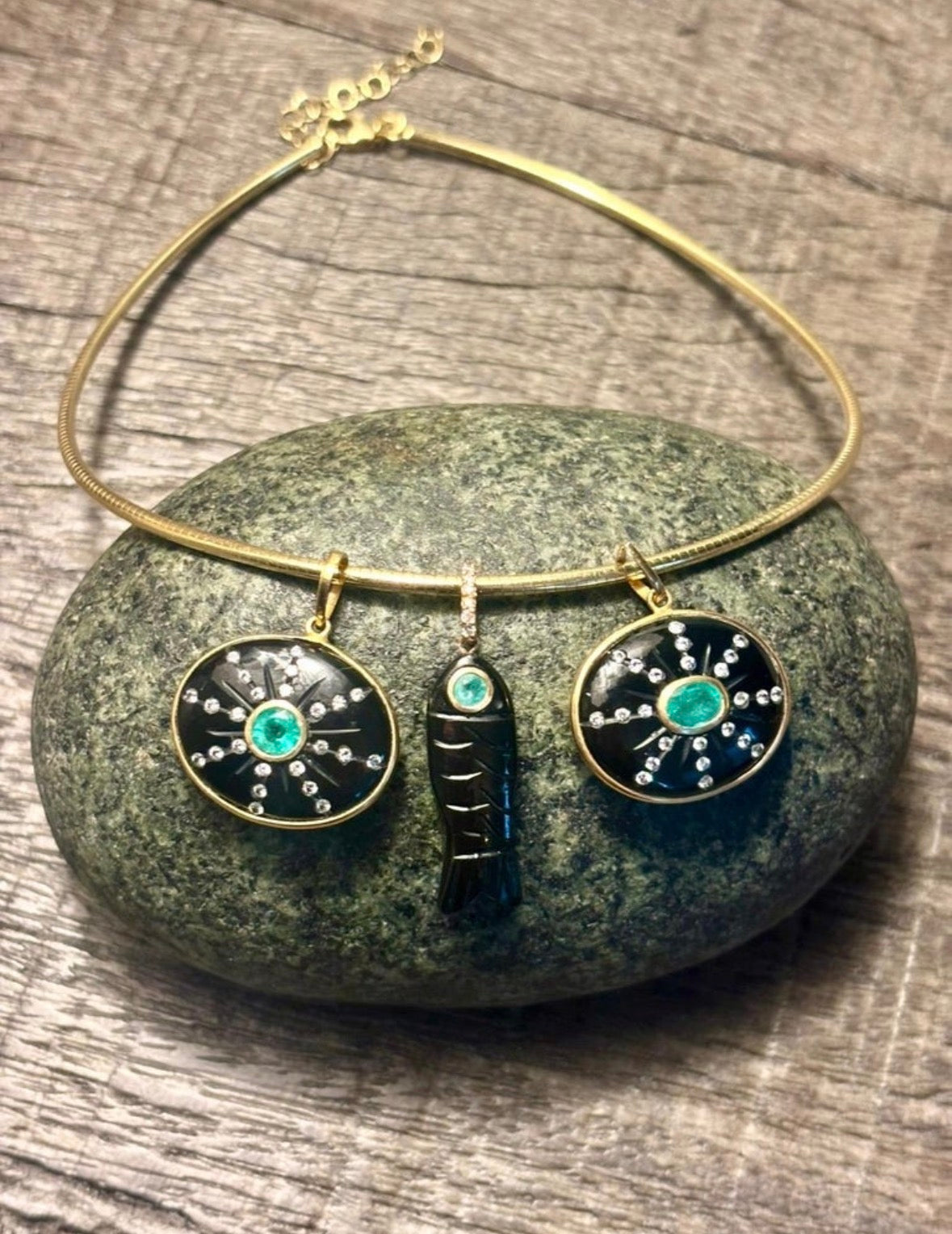 SOL Pendant, Black Onyx, Oval Emerald and Diamond Sun Rays