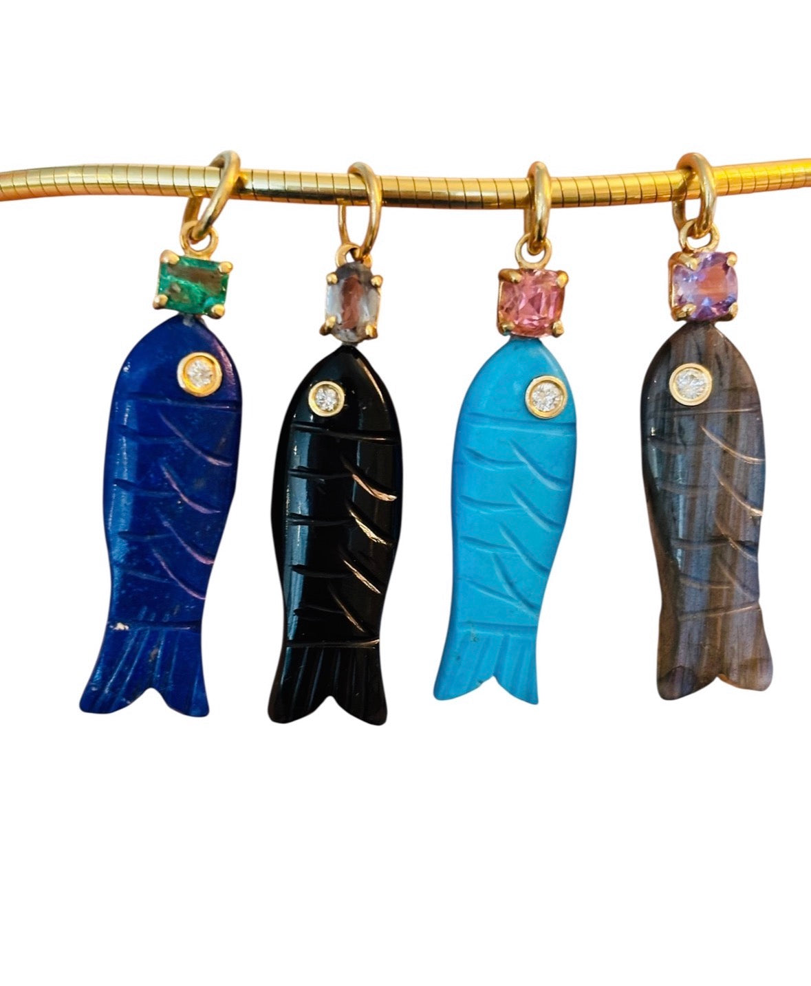 Perfect Poisson, Labradorite Fish Pendant with Diamond and Pink Spinel