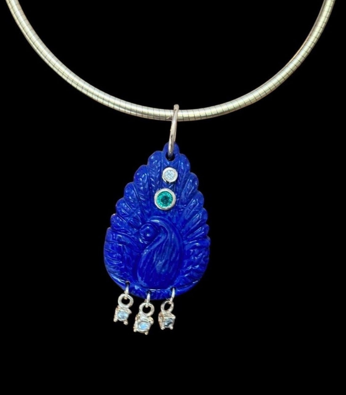 Lapis Peacock Pendant with Emerald and Diamonds