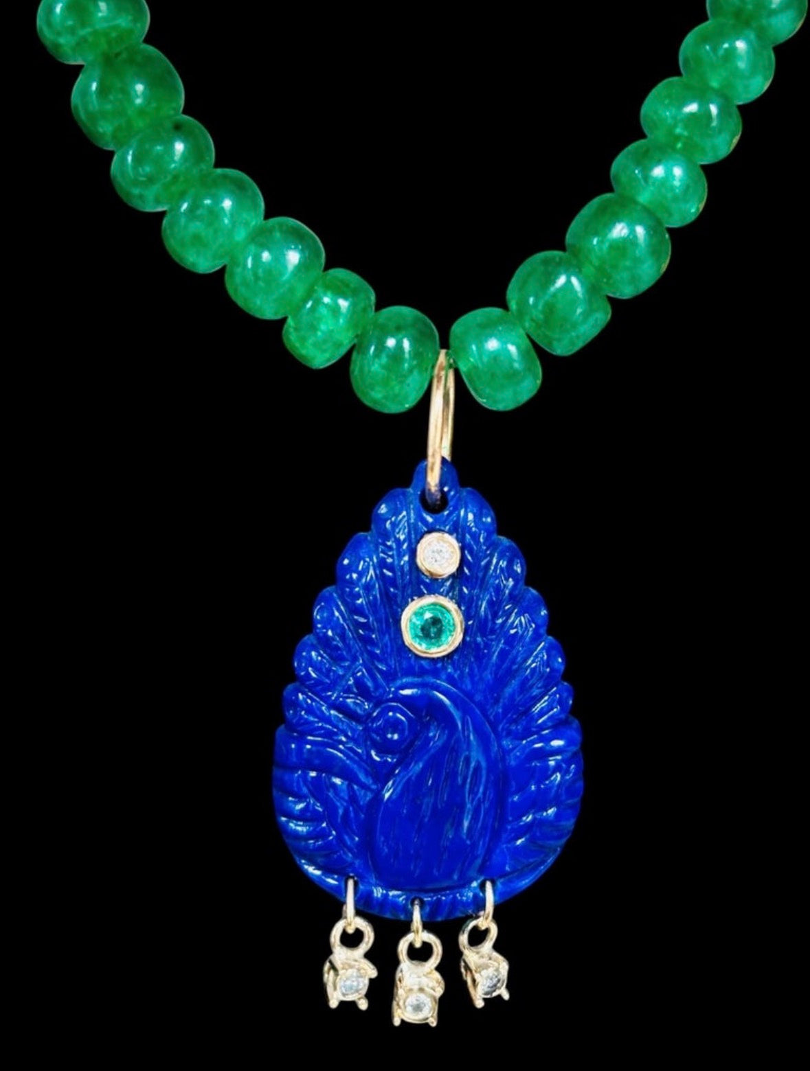Lapis Peacock Pendant with Emerald and Diamonds