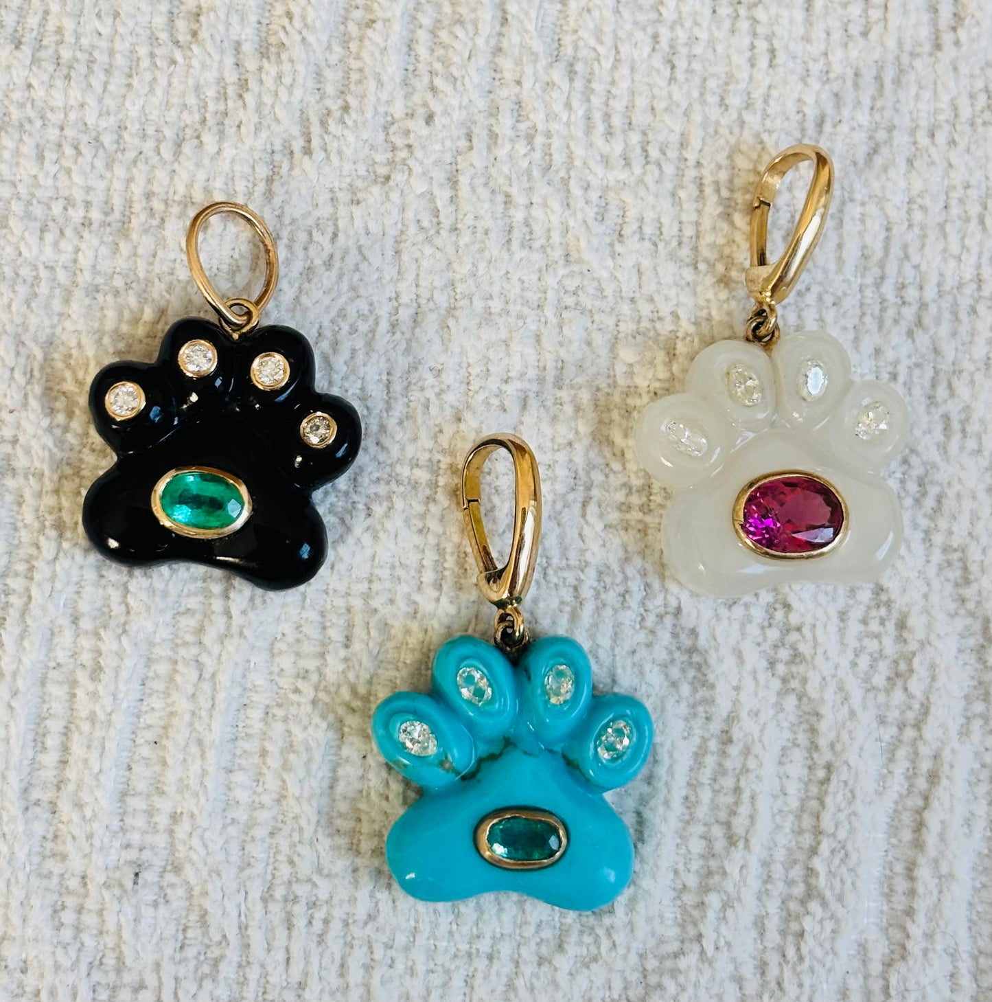 Dog Paw Pendant, Black Onyx, Diamonds & Emerald