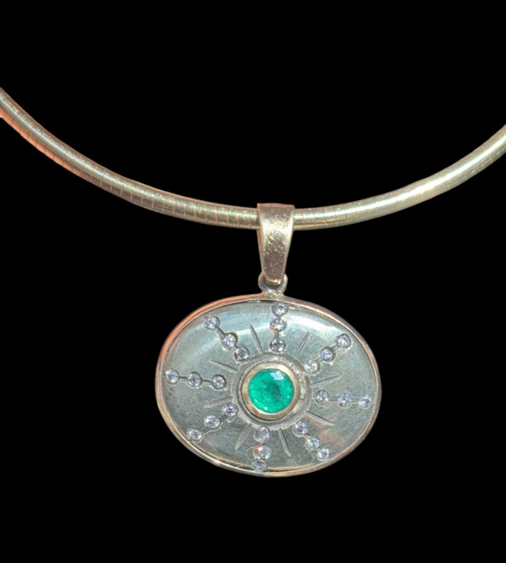 SOL Pendant, Pyrite with Emerald & Diamonds