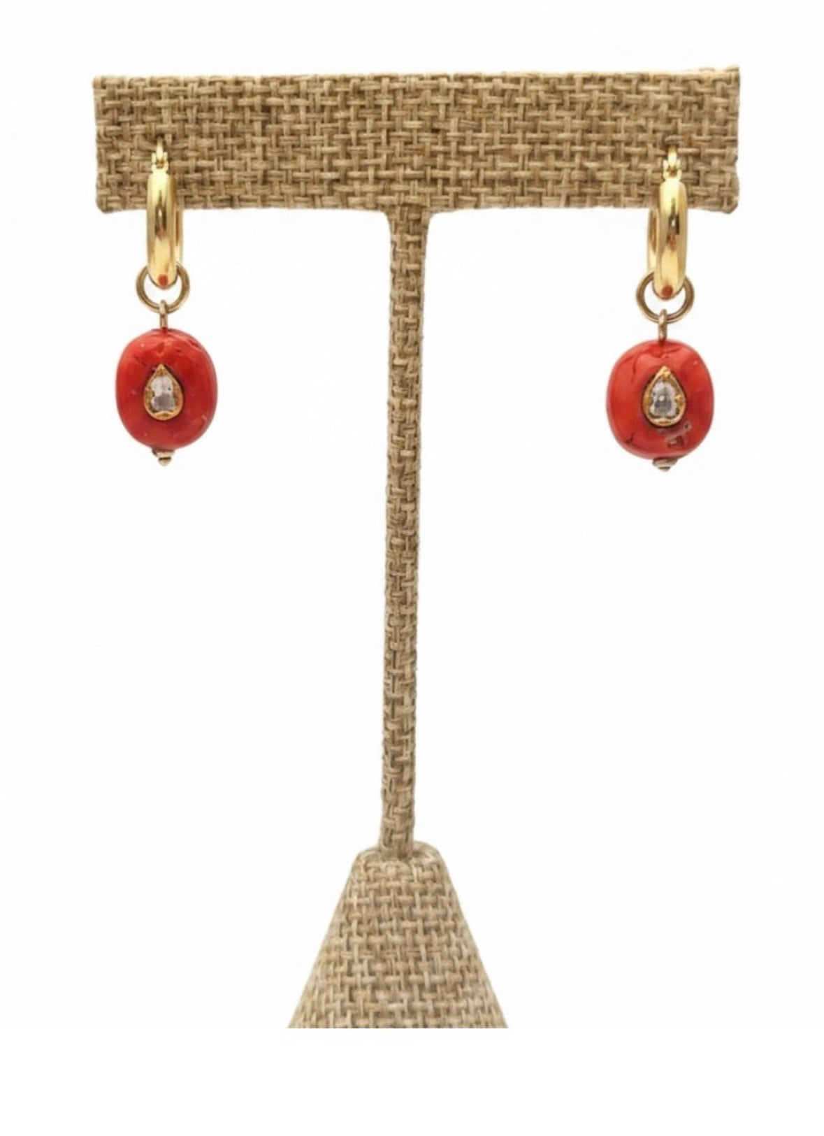 Coral & Polki Diamond Earrings, 16mm Gold Hoops