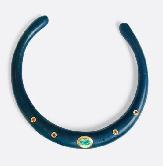 Wood Collar Necklace with Emerald and Mandarin Garnets