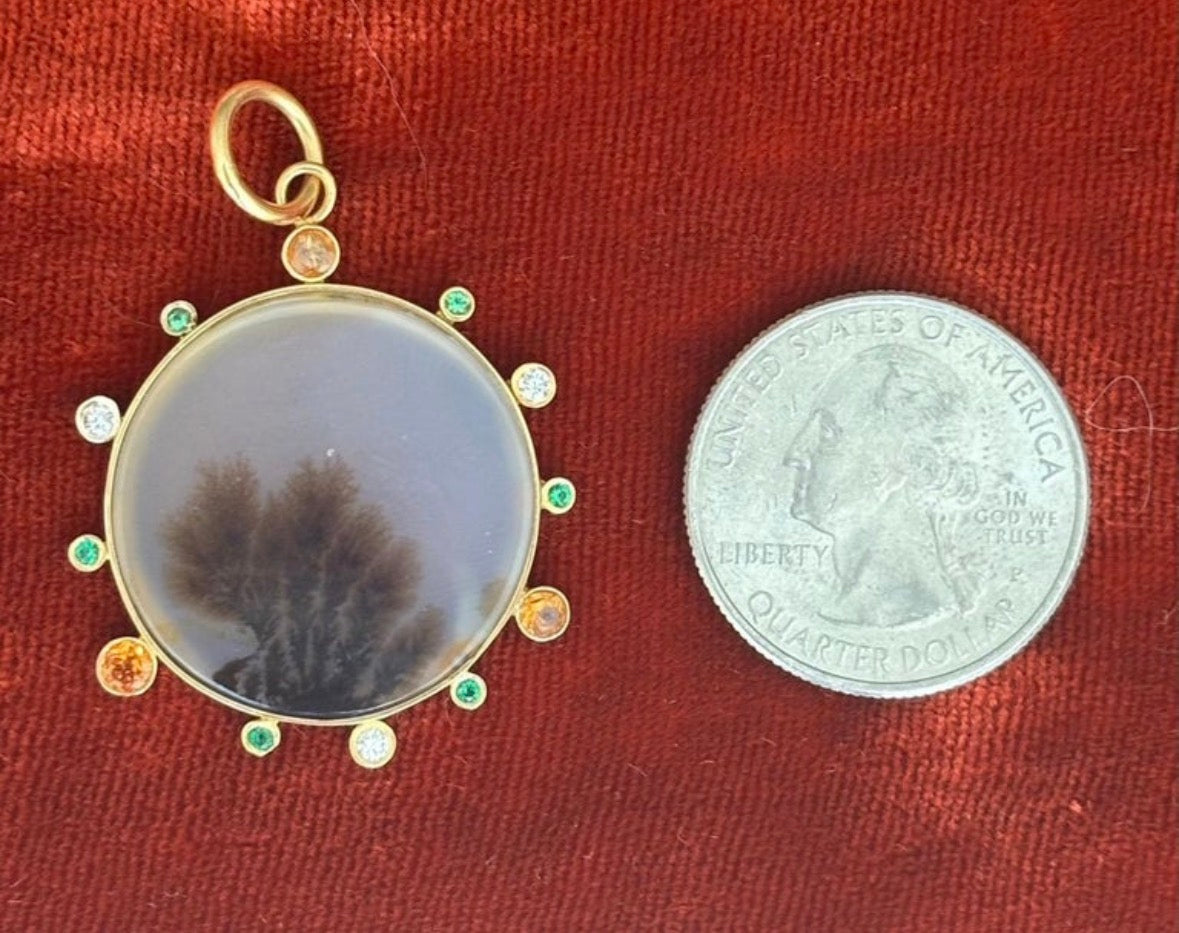 Dendritic Agate Pendant with Emeralds, Mandarin Garnets and 14k Gold