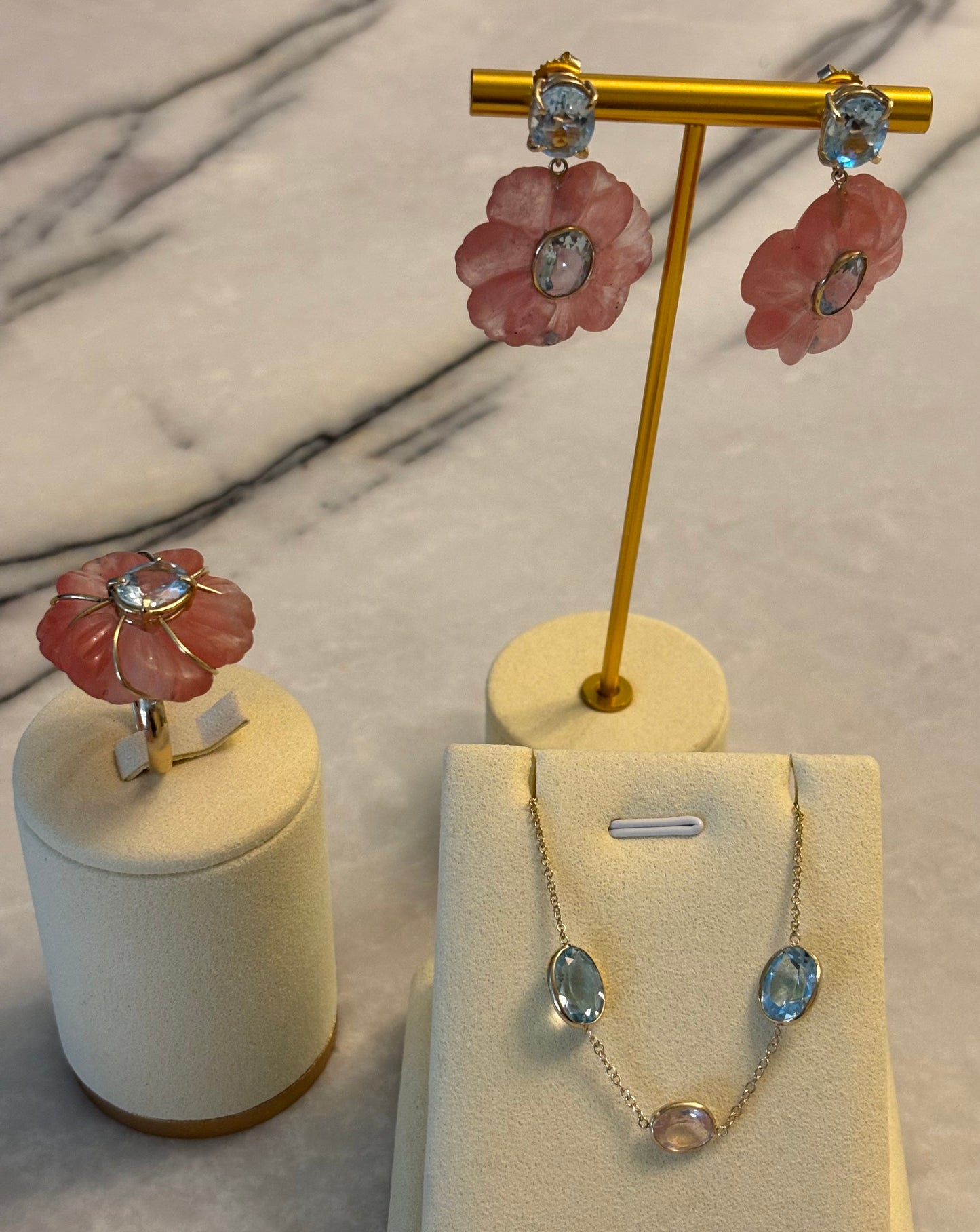 FLORA earrings, watermelon quartz blue topaz