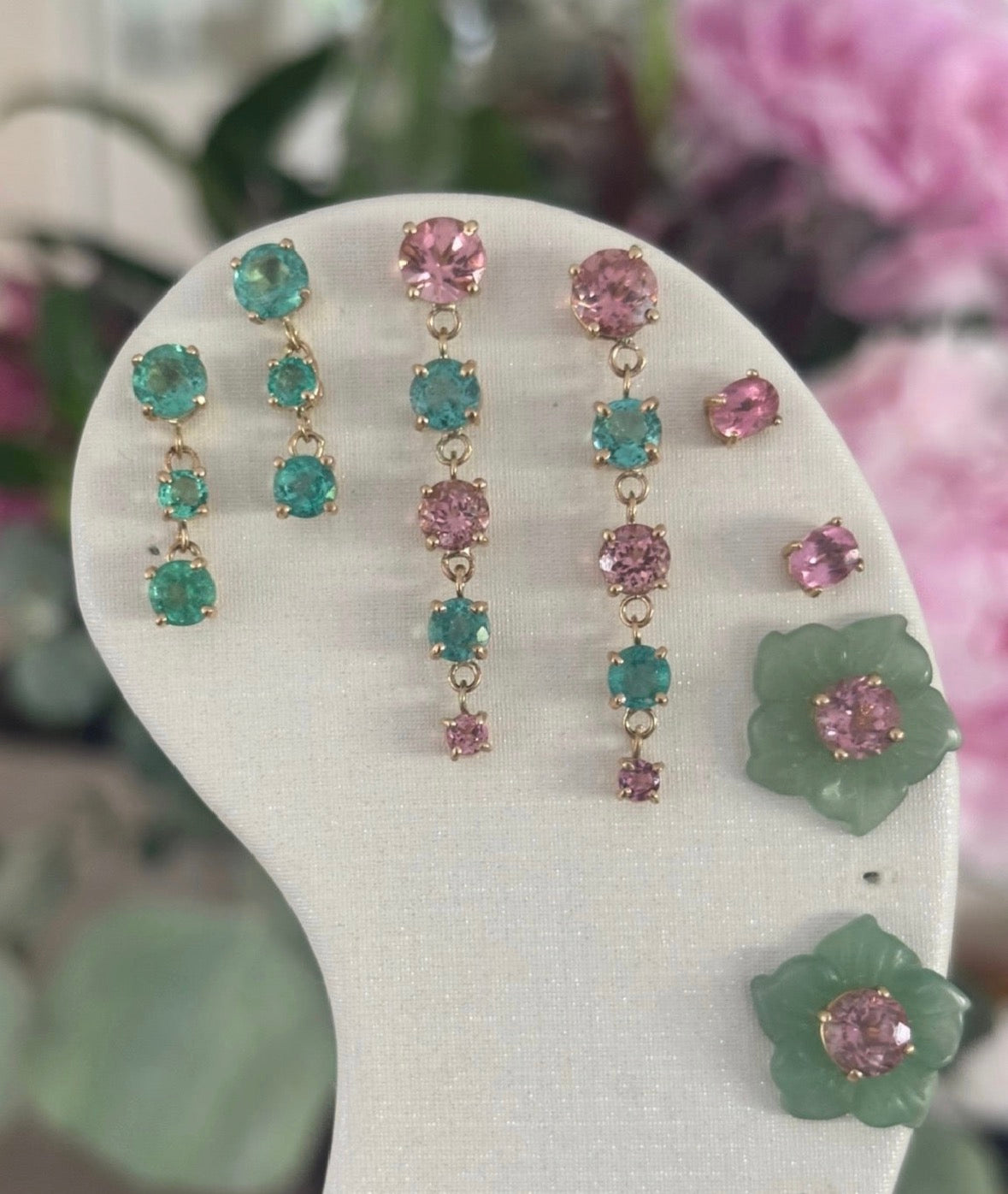 FLORA Stud Earrings, Green Aventurine with Pink Tourmaline & 14k Gold