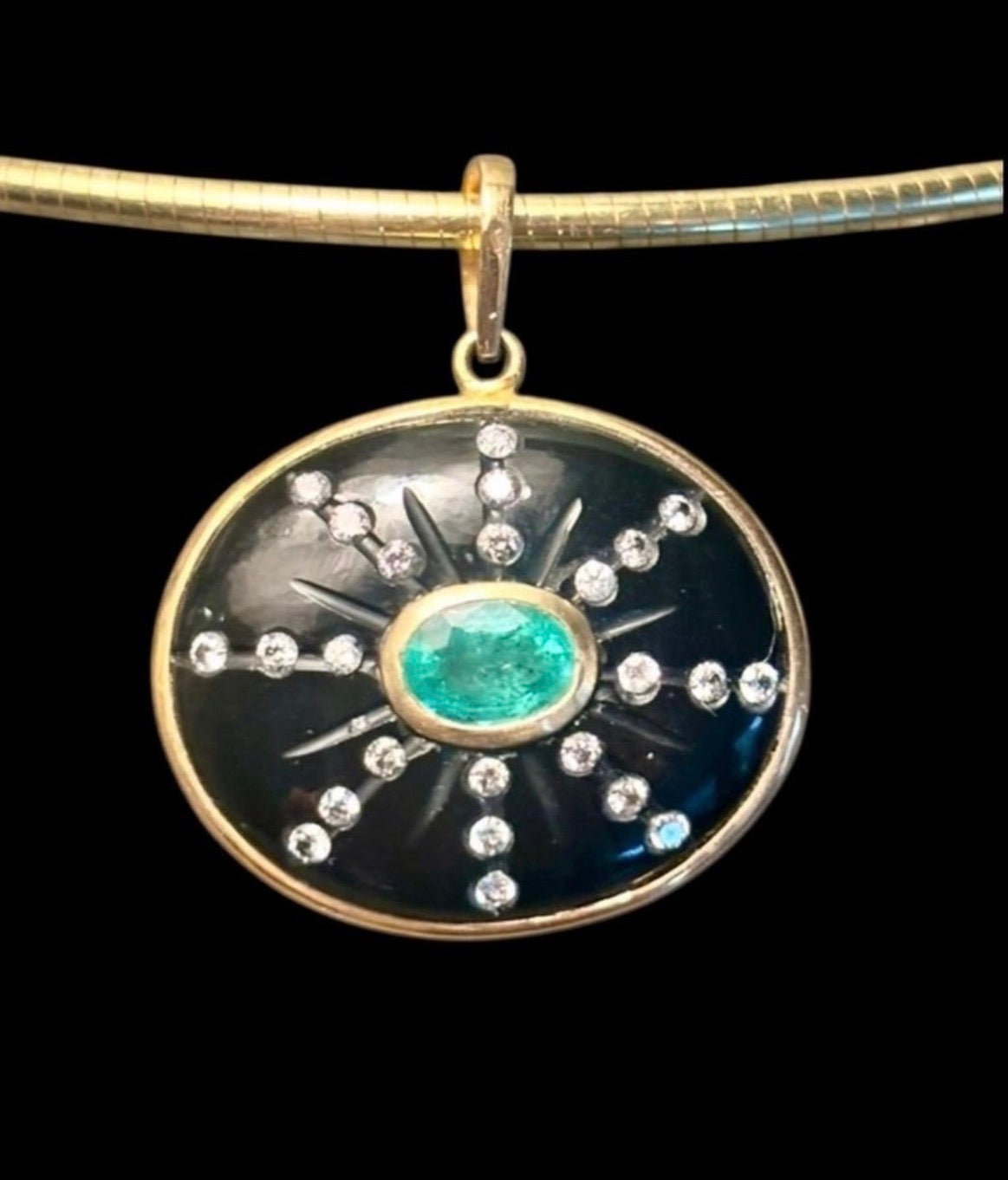 SOL Pendant, Black Onyx, Oval Emerald and Diamond Sun Rays