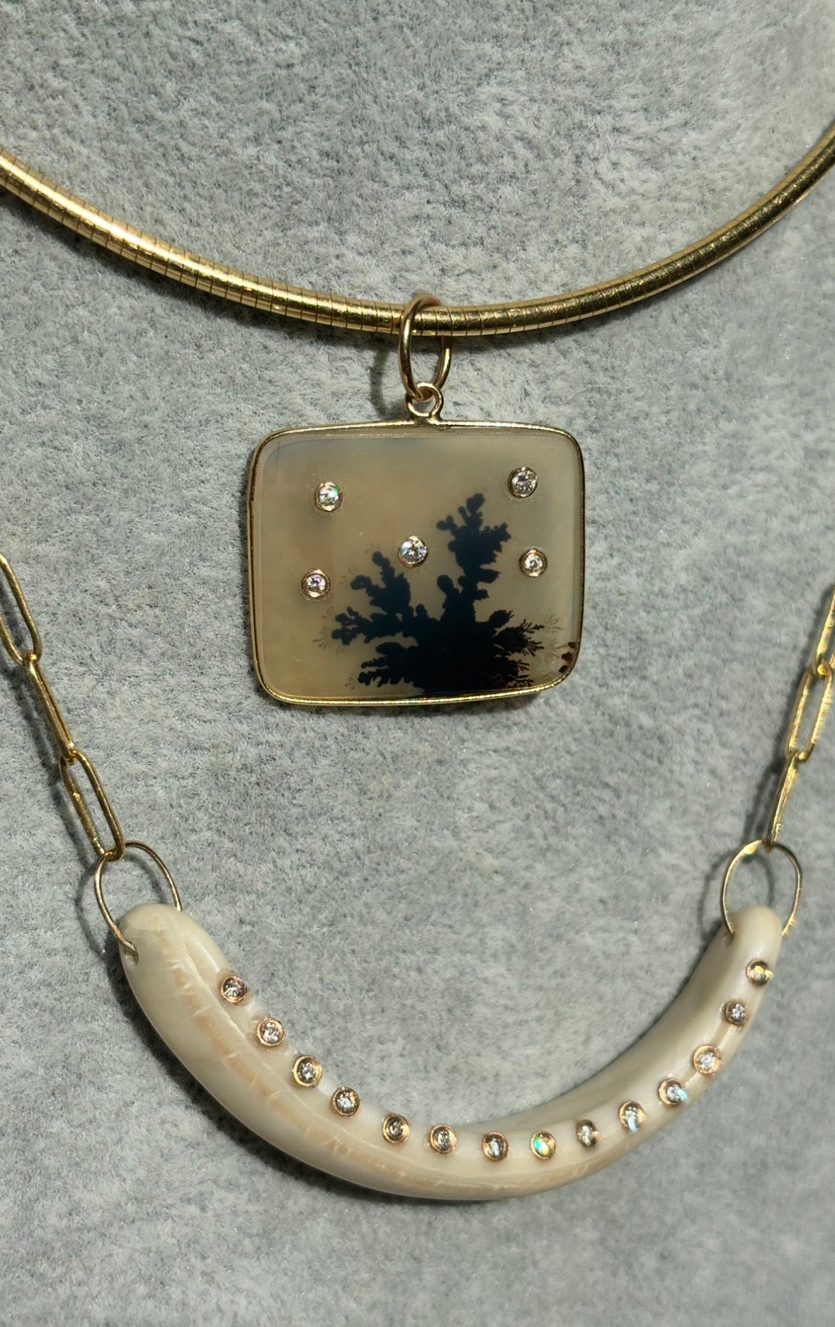 Dendritic Agate Pendant, with Five Diamonds