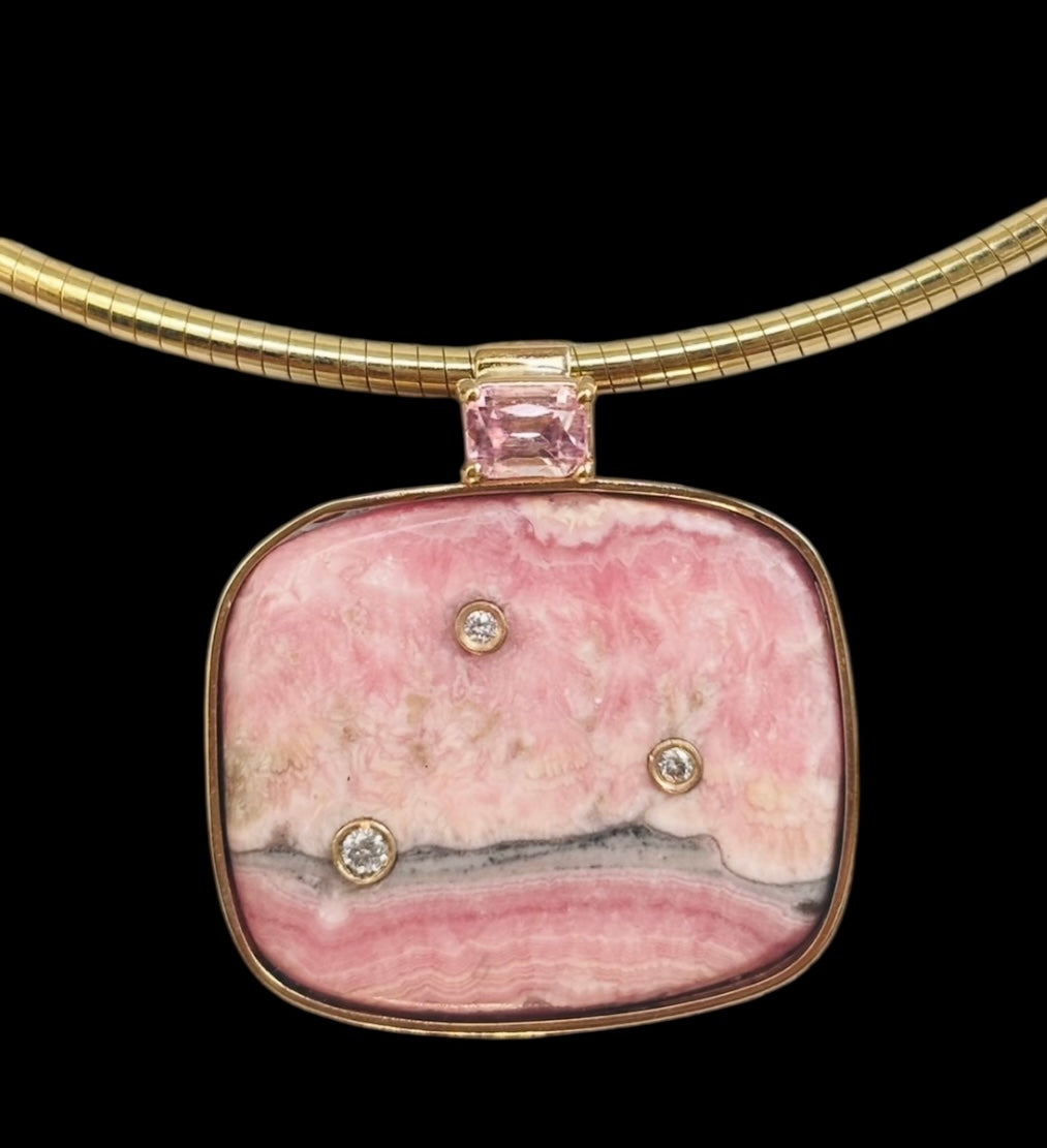 Rhodochrosite Pendant with Pink Spinel & Diamonds