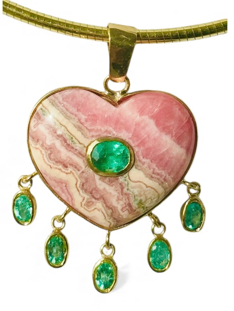 Rhodochrosite Large Heart Pendant with Center & Dangling Emeralds