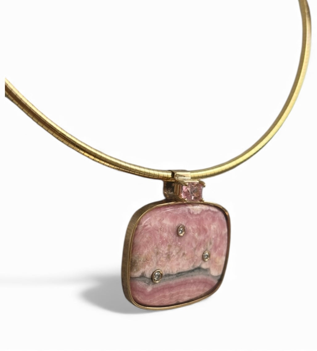 Rhodochrosite Pendant with Pink Spinel & Diamonds