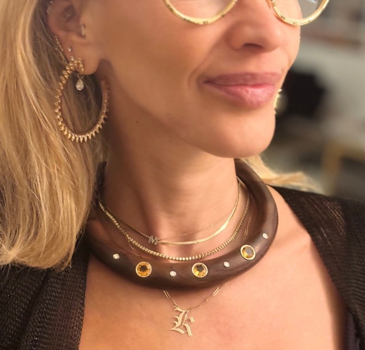 Wood Collar Necklace with Round Citrines and Diamonds