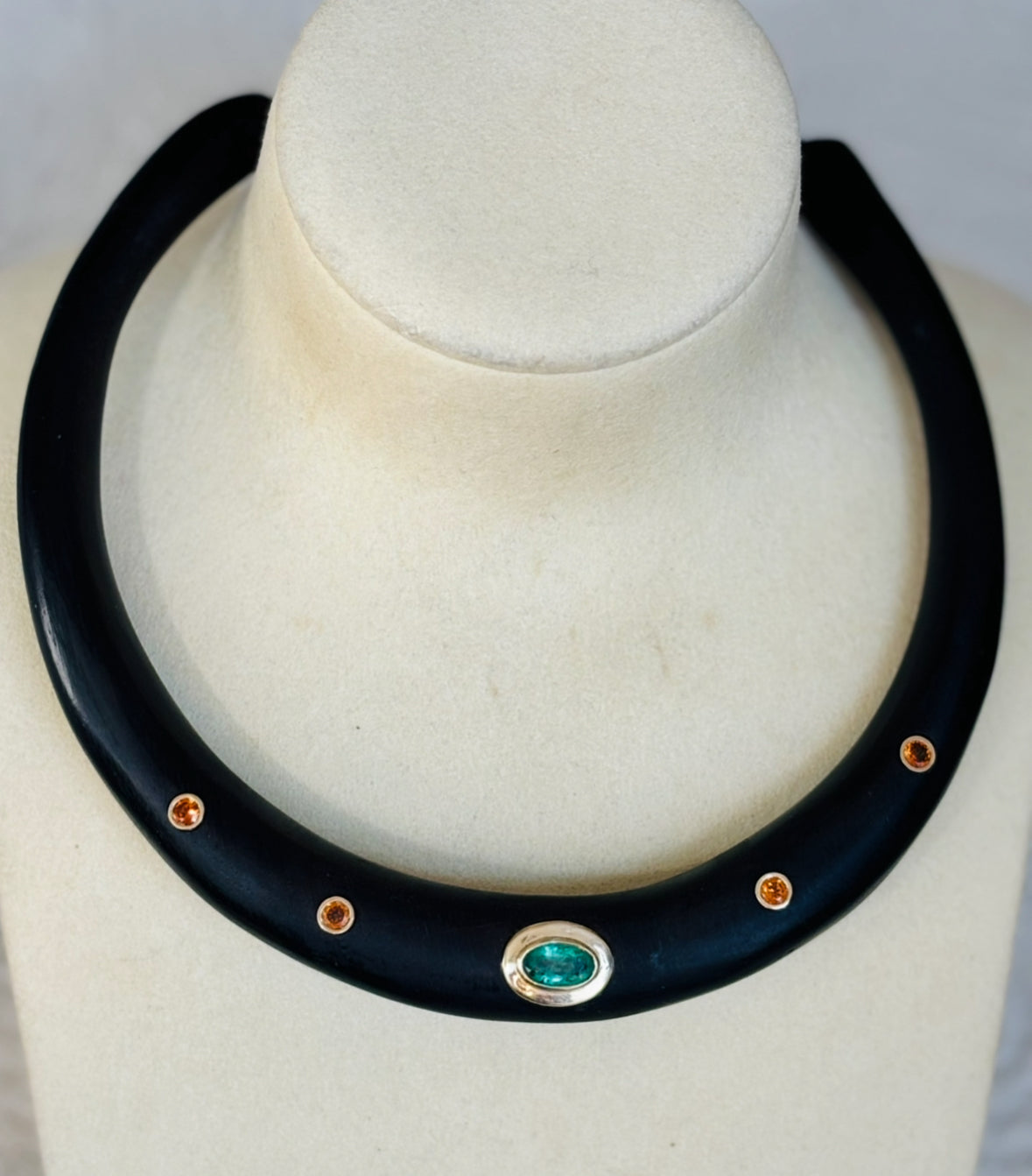 Wood Collar Necklace with Emerald and Mandarin Garnets