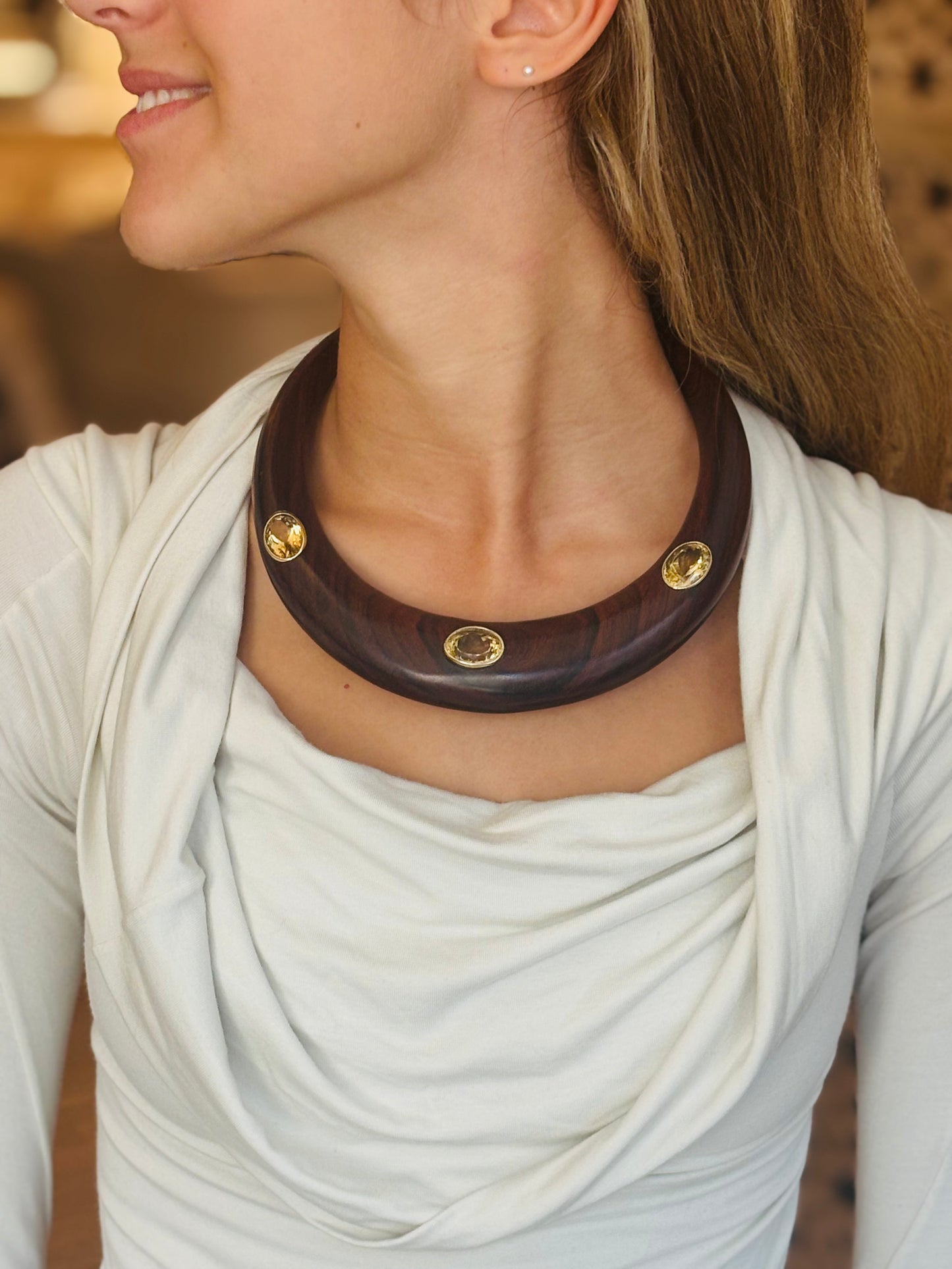 Wood Collar Necklace with Citrines, flat back
