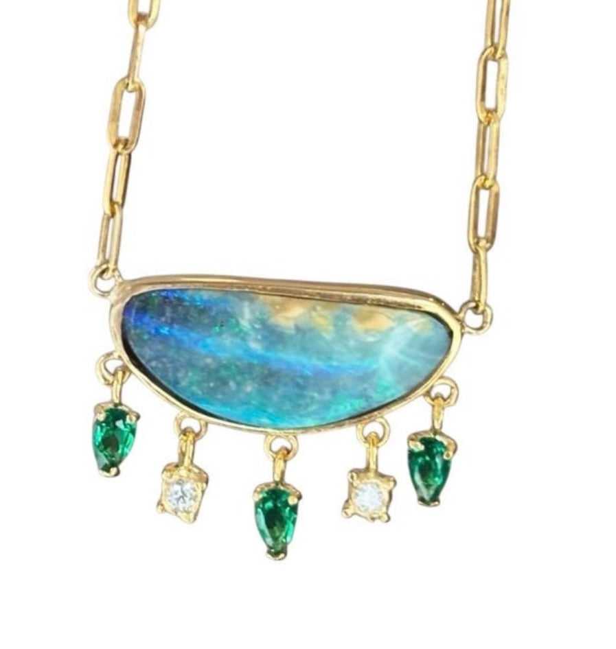 Australian Opal Necklace with Diamonds & Colombian Emeralds, 14k Paperclip Chain