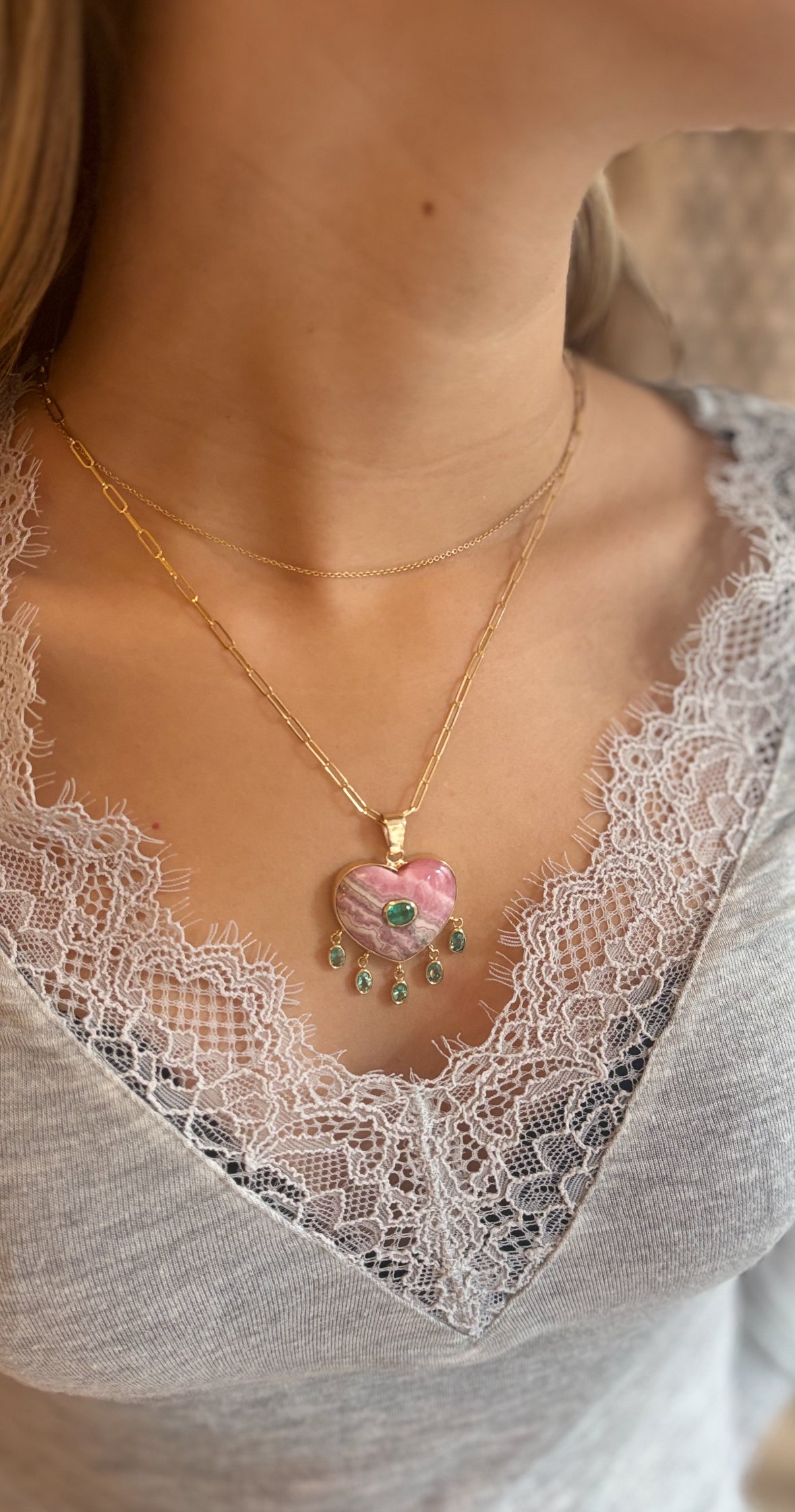 Rhodochrosite Large Heart Pendant with Center & Dangling Emeralds