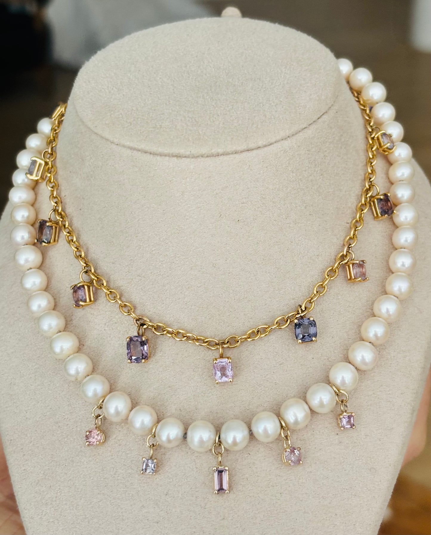 Pearl Necklace with Spinel Gems, wear 14-16”