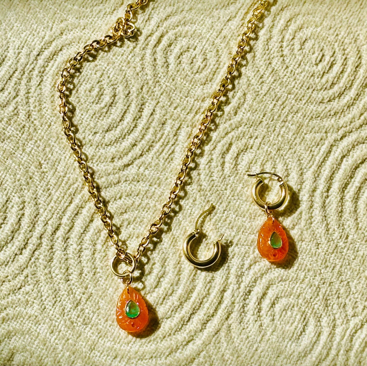 Carnelian, emerald and orange sapphire earrings