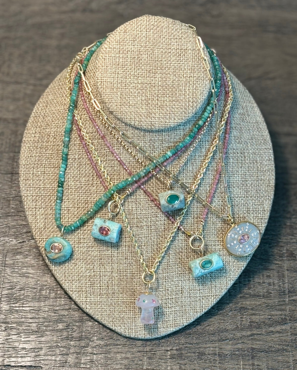 Ancient Amazonite Pendant, pink tourmaline & emerald