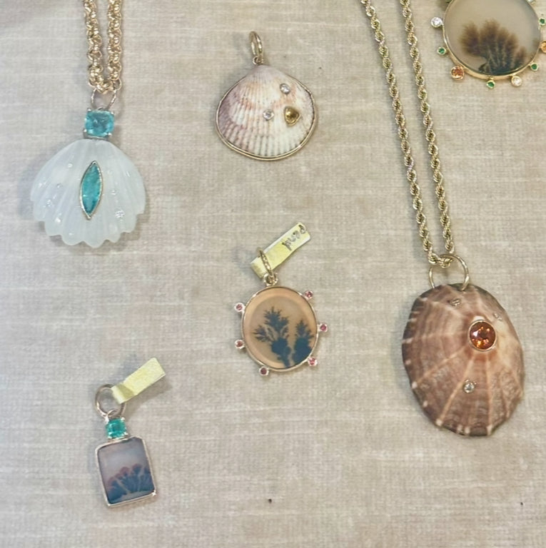Sea Shell Pendant, Moonstone, Emeralds & Diamonds