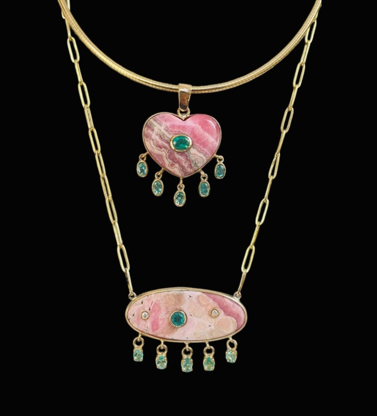 Rhodochrosite Large Heart Pendant with Center & Dangling Emeralds