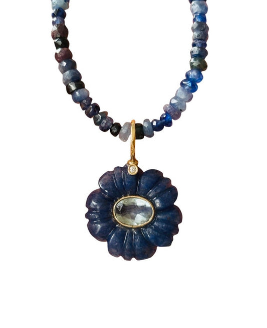 FLORA Necklace with Blue Aventurine Flower, Diamonds & Blue Topaz