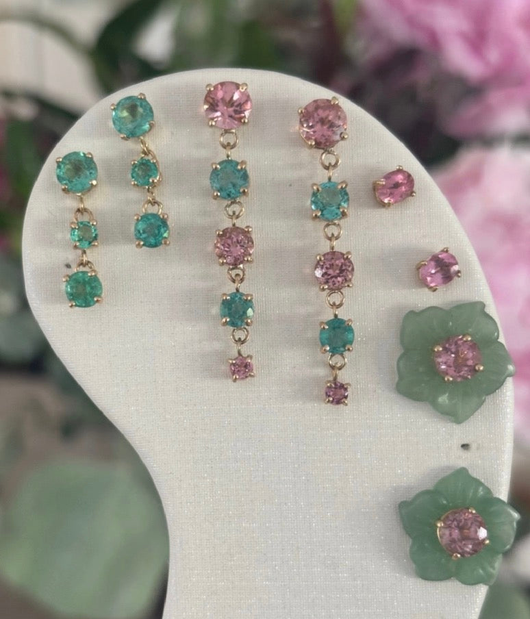 FLORA Stud Earrings, Green Aventurine with Pink Tourmaline & 14k Gold